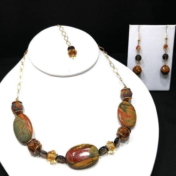 Gemstone Jasper Crystal Necklace, Matching Ear Wire Earrings, Earth Tones, 19 In - Picture 5 of 8